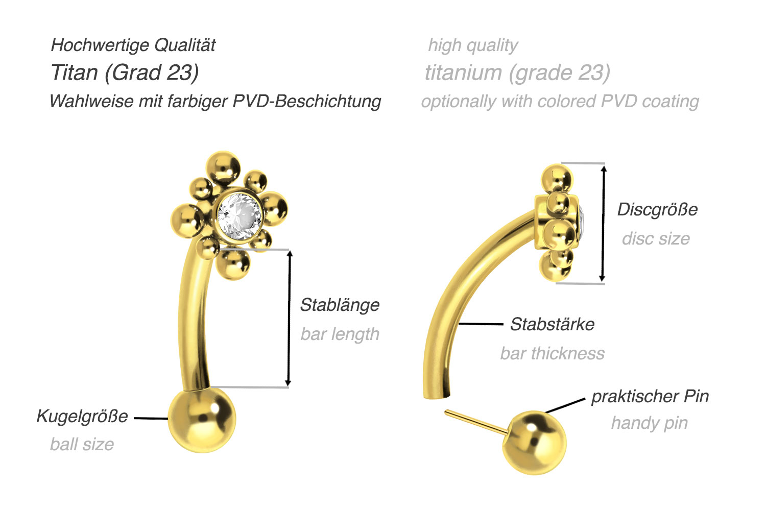 PIERCINGLINE Navelpiercing titanium, 2 ballen met kristal, bananabell piercing, keuze uit verschillende kleuren en lengtes, Titanium